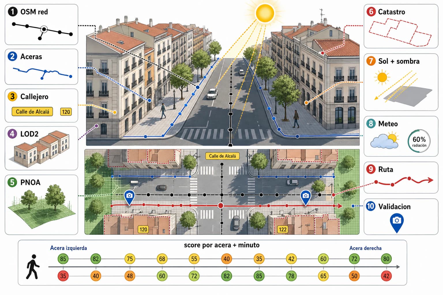 Esquema de las capas de datos de Sol y Luna sobre una calle de Madrid: red OSM, aceras, callejero, edificios en 3D, ortofoto, Catastro, sol y sombra, meteo, ruta y validación, con una puntuación de sol por acera y minuto.